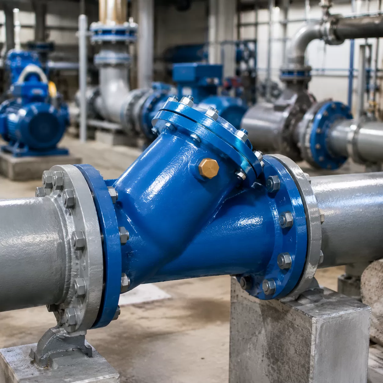Blue check valve installed in pump station pipeline for backflow and water hammer prevention