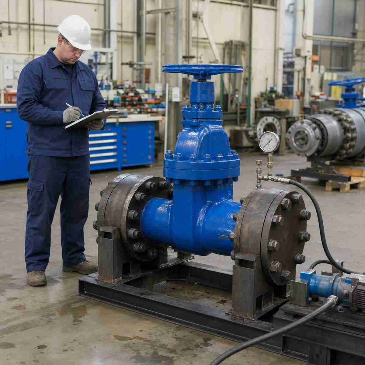 Technician performing an API 598 hydrostatic shell test on an industrial gate valve at a factory test bench