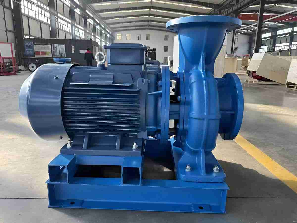 Blue horizontal centrifugal pump photographed in the factory