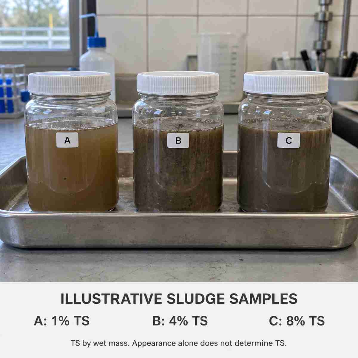 Three sludge sample jars labeled with illustrative total solids contents of 1%, 4%, and 8% by mass