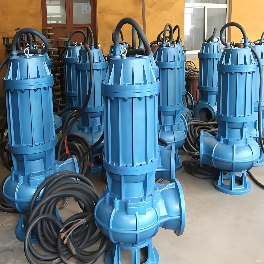 Supplied reference image showing several blue submersible pumps