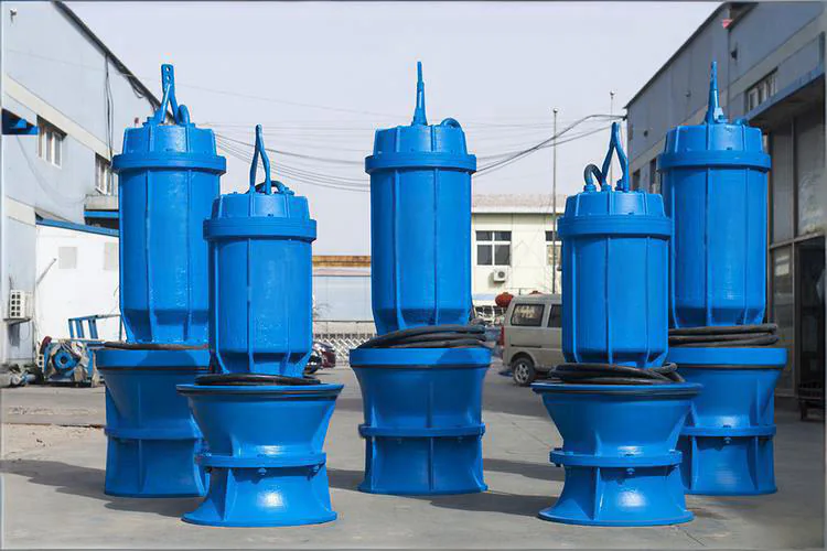 Several blue submersible pump units prepared together