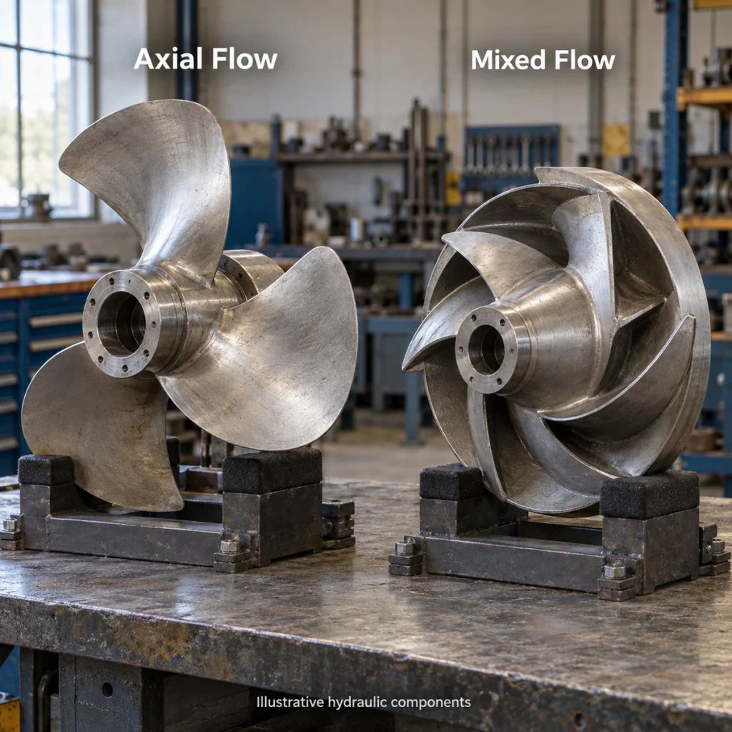 Axial flow propeller and mixed flow impeller assemblies shown side by side