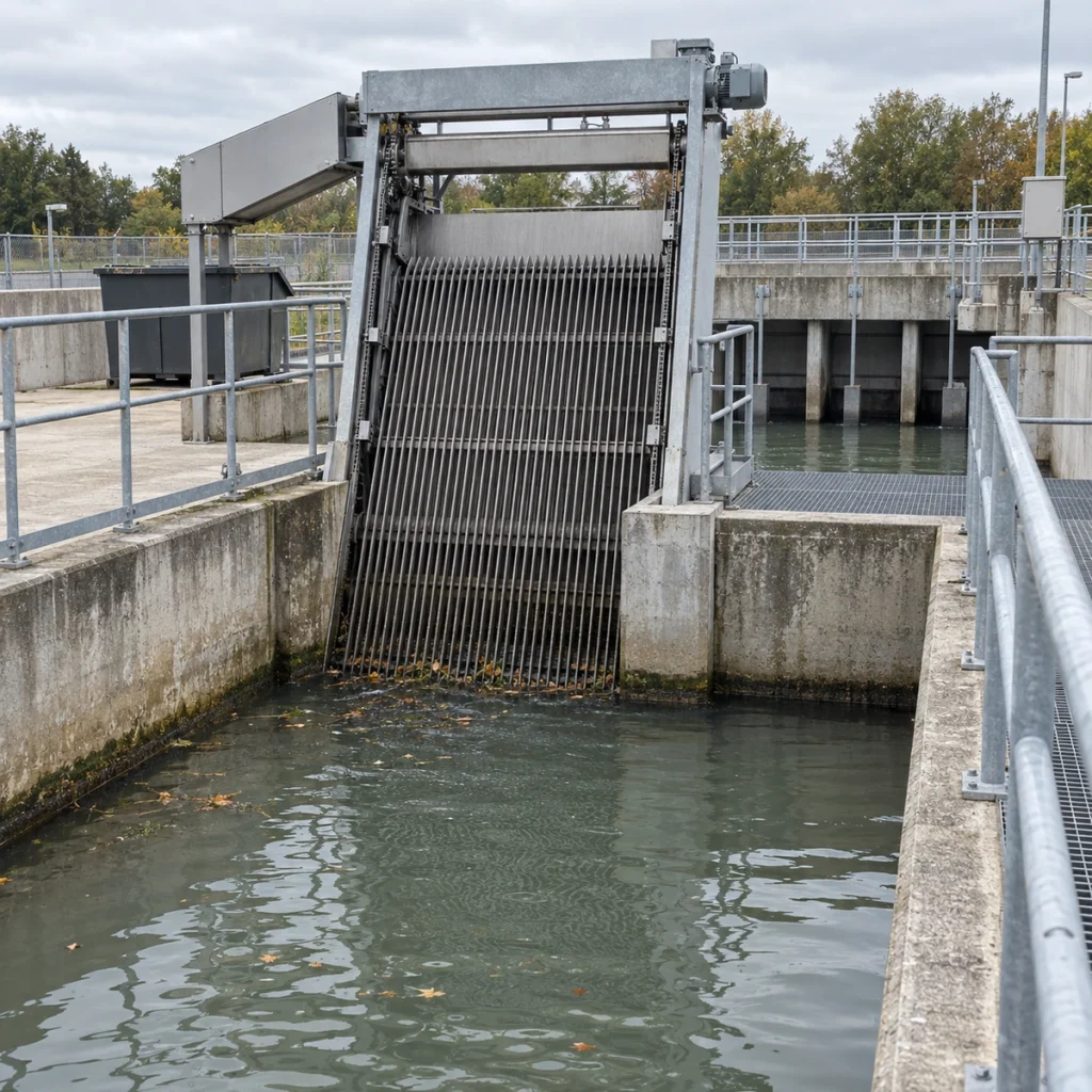 Stormwater pumping station intake with a mechanical bar screen, concrete forebay and maintenance walkway