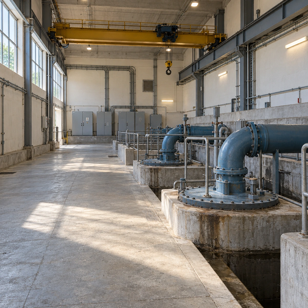 Stormwater pumping station interior with pump bays, overhead lifting equipment and electrical cabinets